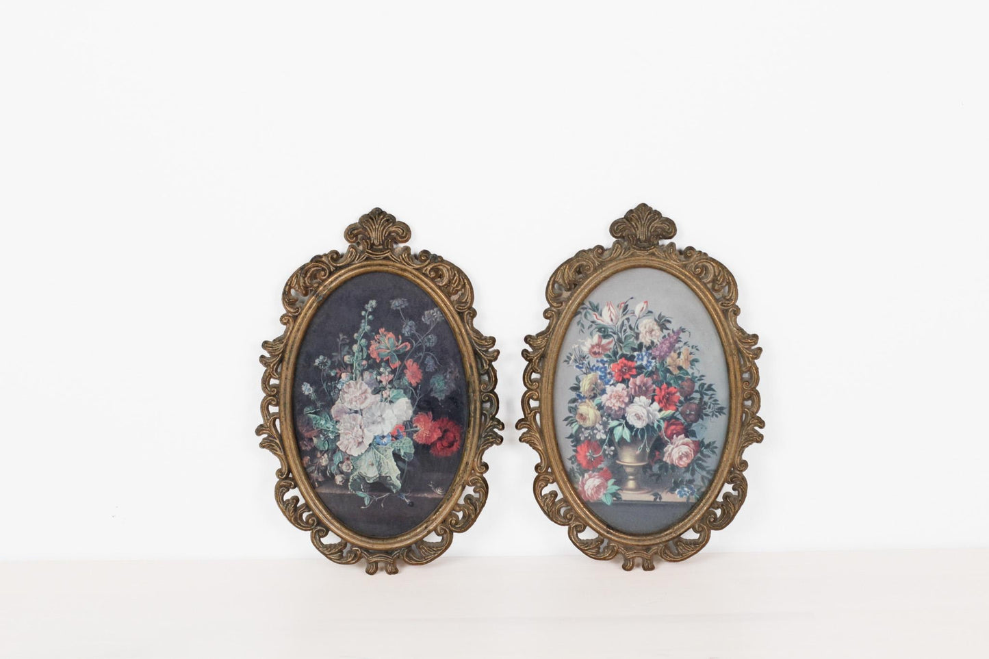 Pair of Vintage Italian Ornate Oval Frames with Floral Prints