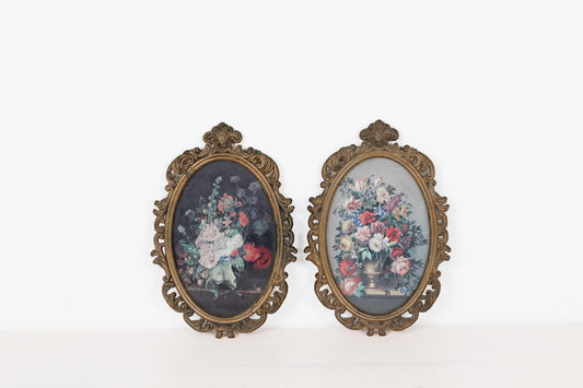 Pair of Vintage Italian Ornate Oval Frames with Floral Prints